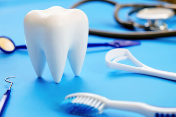 Wall Mural - Dental model and dental equipment on blue background, concept image of dental background. 