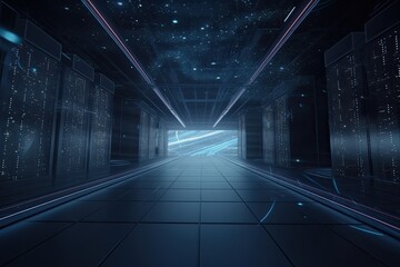 Poster - Data Center Hallway with Rows of Servers. Generative AI