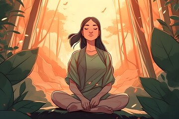 Wall Mural - young woman meditate in nature, healing body mind and soul, mental health awareness day concept, illustration, generative ai