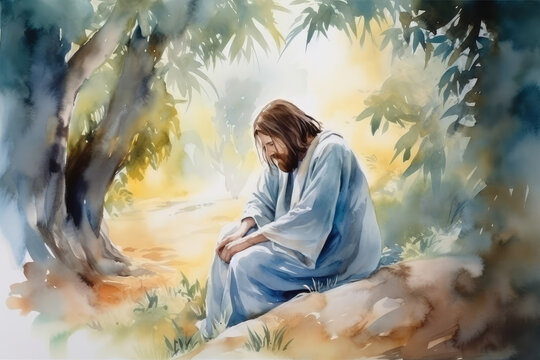Watercolor Illustration of a Jesus Christ Praying In The Garden Of Gethsemane Painting, generative AI