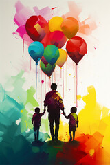 Poster - Abstract art, Colorful painting art of a child with heart balloons, Mother's day or Father's day concept, Background illustration, Generative AI