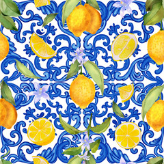 Mediterranean seamless pattern. Blue majolica tiles and yellow lemons endless background. Sicilian traditional print for fabric and wallpaper. Blue azulejo.