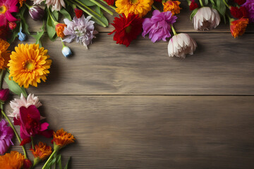 Wall Mural - Garden flowers on wooden table background for mother day design, Generative AI