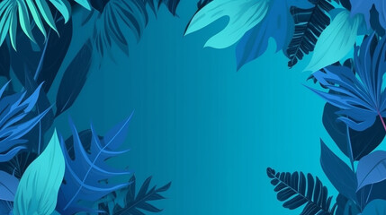 collection of tropical leaves, foliage plant in blue color with space background