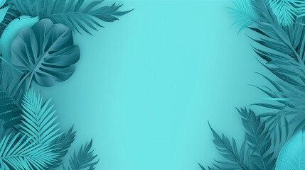 collection of tropical leaves, foliage plant in blue color with space background