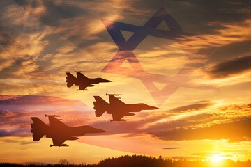 Wall Mural - Aircraft silhouettes on background of sunset with a transparent waving Israel flag. Military aircraft.