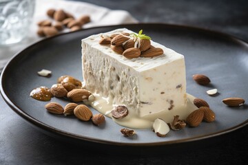 Delicious nougat semifreddo, crispy with almonds and toasted hazelnuts for the true gourmet. Generative AI