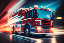 Fire Engine Driving Fast On A Road In An Emergency. Fire Truck With Blue Lights Moving To Fire. Generative AI