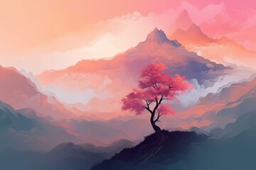 A beautiful landscape of pink tones, a lonely tree of smoke and fog among the mountains, nature. A gentle spring explosion of colors. Illustration. Generative AI