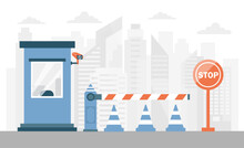 Striped Barrier Concept. Paid Entry To Parking Near Supermarket. Protected Area, Guarding Entrance To Most Important Offices. Automatic Barrier Gate. Cartoon Flat Vector Illustration