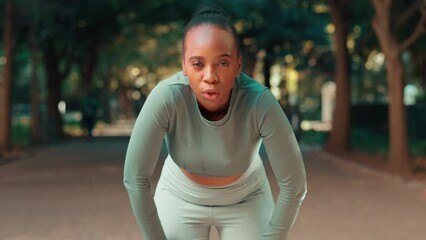 Poster - Running, tired woman face and park with fitness rest on a nature trail breathing from run. Runner, workout and female and exercise fatigue of a sprinter on a path for cardio and wellness training