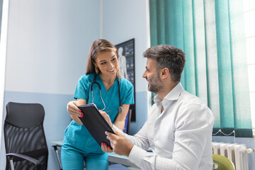 Wall Mural - Young female professional doctor physician consulting patient, talking to adult man client at medical checkup visit. diseases treatment. medical health care concept