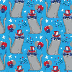 Wall Mural - Cool cats in USA patriotic hat seamless childish pattern. Funny cartoon animal character for fabric, wrapping, textile, wallpaper, apparel. Vector illustration