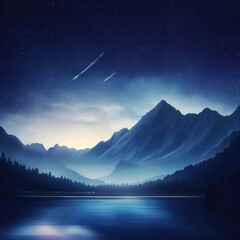 Beautiful mountain and lake at night with stars in the sky, generative ai