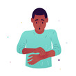 Vector illustration of a frightened man who examines his hand. The man found a tumor on his arm. Symptoms of lipoma, cyst, tumor and cancer. Illustration for medical articles, posters, stands.