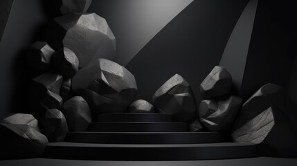 Wall Mural - Black geometric Stone and Rock shape background, minimalist mockup for podium display or showcase. Generative AI.