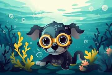 cute illustration of a puppy with diving mask swimming under water , ocean coral reef seascape,. Generative AI