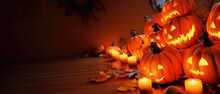 Halloween Background With A Pile Of Jack O' Lantern Pumpkins. Holiday Banner With Copy-space. Generative AI.