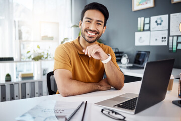 Smile, confidence and portrait of a man in the office with a laptop working on a corporate project. Happy, success and professional male employee doing business research on computer in the workplace.