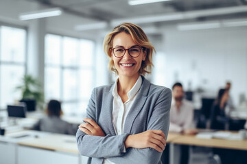 Business woman standing competently and smiling in open plan office - theme woman power, career or manager - Generative AI