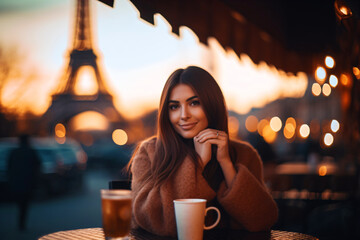 portrait of a young woman in a street cafe, french girl in the evening, fictional person created with generative ai