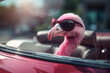 © Maelgoa - Flamant rose se baladant dans une voiture décapotable rouge » IA générative