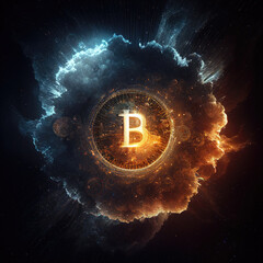 Aufkleber - Bitcoin on cosmic fire background. generative ai.