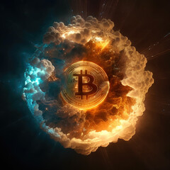 Aufkleber - Bitcoin on cosmic fire background. generative ai.