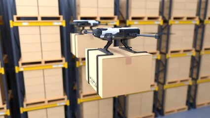 Wall Mural - The delivery drone is flying in a warehouse