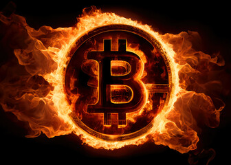 Aufkleber - Bitcoin on fire background. generative ai.