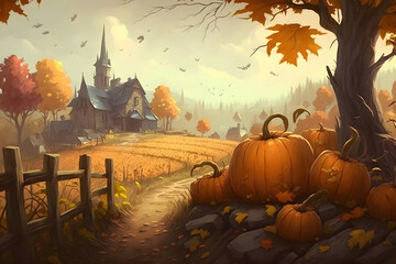 pumpkins lie on the ground under a tree on the background of autumn landscape , generative ai