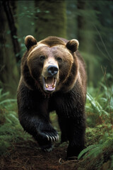 brown bear in the wild. kamchatka forest. wild grizzle bear roaring aggressively running towards cam