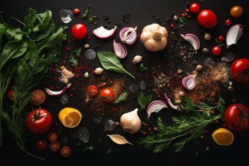 Cooking background with vegetable ingredients. Healthy dinner preparation flat lay, with fresh raw tomatoes, onion, garlic, herbs and greens, olive oil, salt, pepper seasonings, on. Generative AI