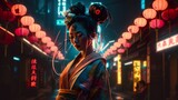 Fototapeta Miasto - Generative Ai, woman dressed as a geisha in a cyberpunk-style Japanese street