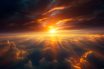 Wall Mural - Aerial sunset view over the orange color Sun with glow rays divine clouds. Generative AI.