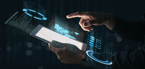 Leinwandbilder - Hand of person, tablet or hologram of digital, information technology, data analytics or global statistics. Futuristic, man or user typing on holographic iot dashboard overlay for networking at night