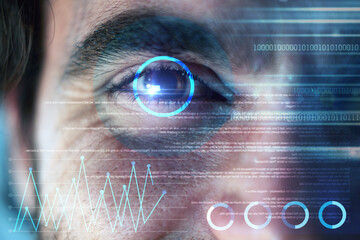Aufkleber - Futuristic, holographic or man with eye scan in digital cybersecurity technology for identity database. Biometric laser, ai innovation or zoom of light for system recognition or verification sensor