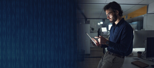 Fototapete - Night, mockup or businessman with tablet to search digital technology, data analytics or global news. Space, entrepreneur or focused person typing on iot dashboard or networking online in dark office