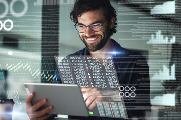 Wall Mural - Business man, stock market and tablet hologram with digital overlay for tech, statistics or data. 3d, augmented reality and happy person with touchscreen for futuristic trading, finance or investment
