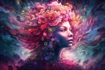  Creative fantasy portrait of a girl surrounded by flowers and clouds. Concept of dream, meditation, transcendent conscience and creative mind. Created with Generative AI technology.