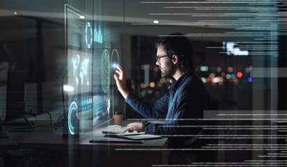 Fototapete - Computer, hologram and touchscreen of business man with data analysis, digital coding and programming at night. holographic, software overlay of IT person, information technology research and desktop