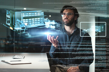 Aufkleber - Business man, architecture and design hologram in data analysis, focus and digital overlay for building at night. Engineering, cyber software and holographic of person palm in 3d development research