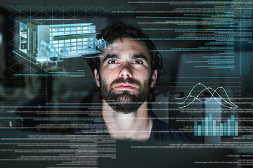 Fototapete - Architecture, hologram and business man with data analytics, focus and overlay for digital solution at night. Engineering, coding software and holographic screen of person in cyber security research