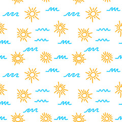 Wall Mural - Sun and sea waves doodle seamless pattern