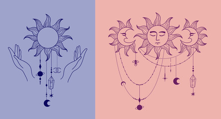 Wall Mural - mysticism vector isolated clip art, celestial logo template, sun with face and witches hands symbols