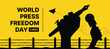 World Press Freedom Day - Black silhouette hands hole pen and microphone on the barbed wire and flying paper rocket around on yellow background vector design