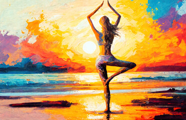 Wall Mural - Woman practicing yoga on the beach at sunset. watercolor style. generative ai.