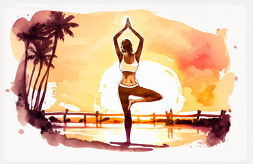 Sticker - Woman practicing yoga on the beach at sunset. watercolor style. generative ai.