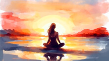 Woman Practicing Yoga On The Beach At Sunset. Watercolor Style. Generative Ai.