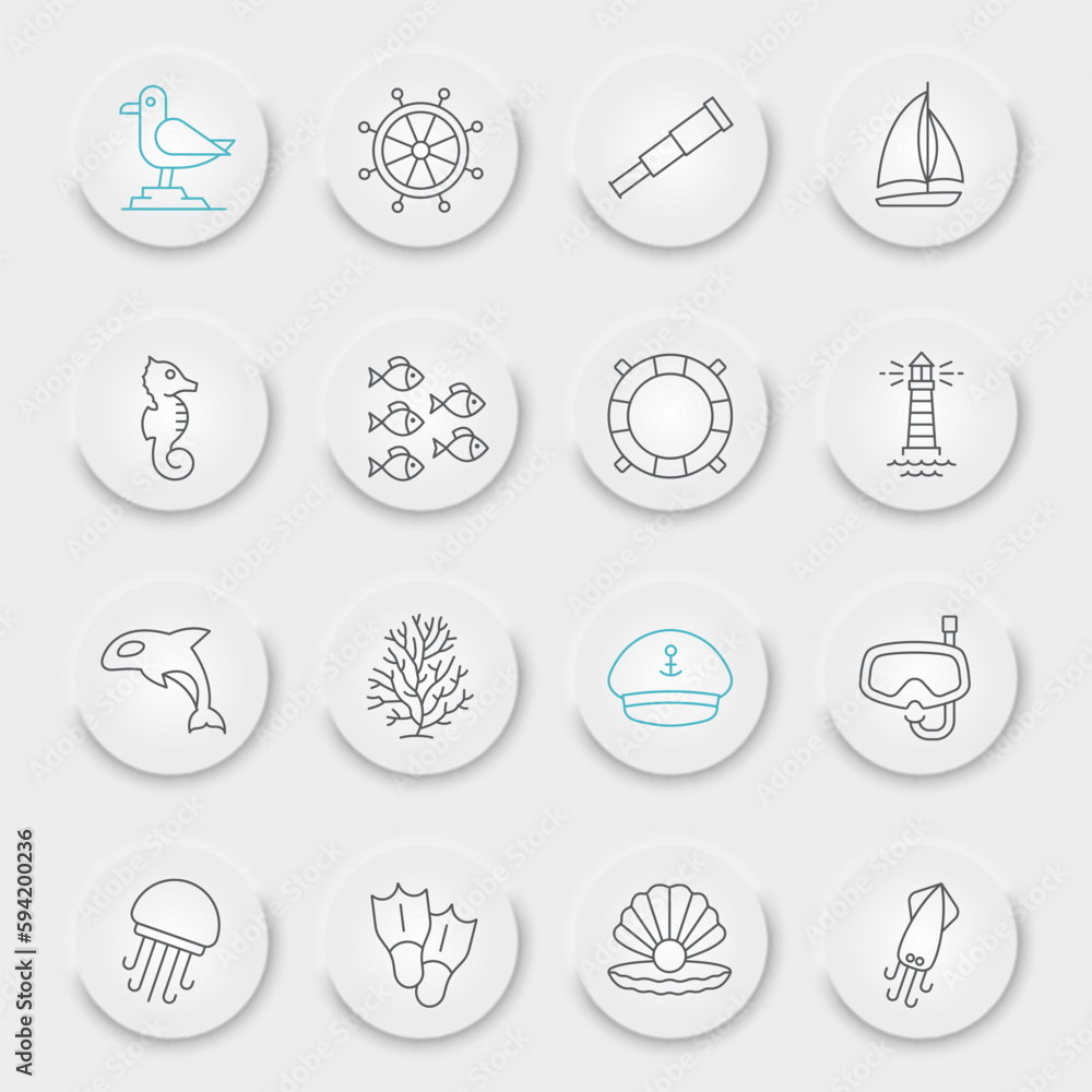 Sea and Ocean line icon set, ocean animals collection, vector graphics, neumorphic UI UX buttons, Sea vector icons, marine signs, outline pictograms, editable stroke